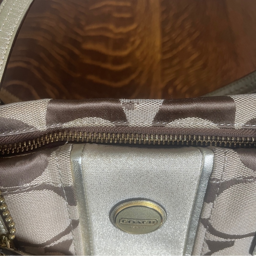 Coach Beige and Gold Signature Stripe Tote - Picture 4 of 11